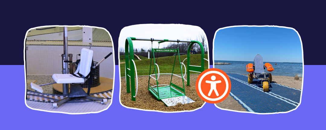 three photos, side by side, lift at pool, wheelchair swing and mobi-chair and mat