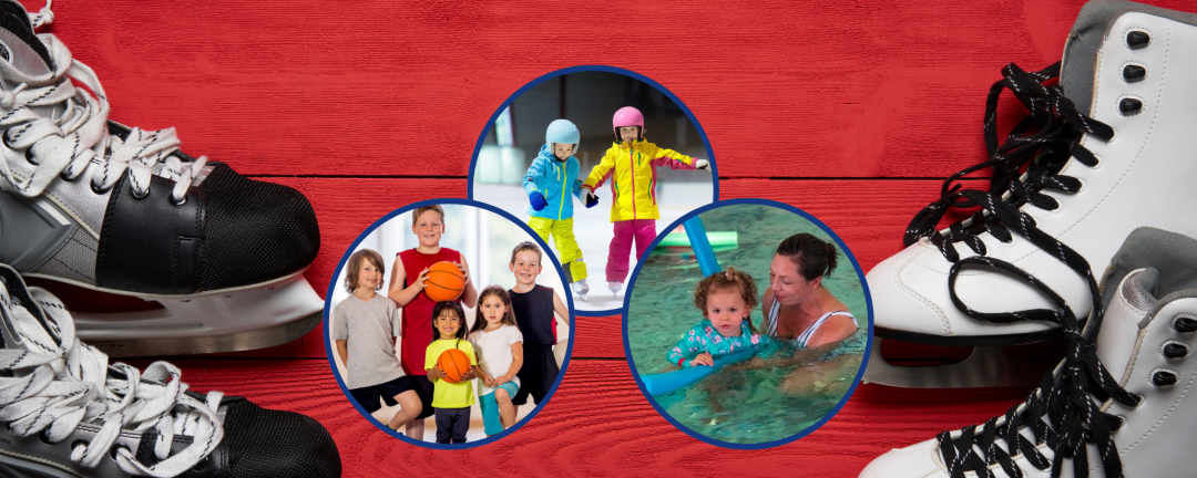 a red background with skates and three images, kids with basketballs, kids skating and a mom and child swimming