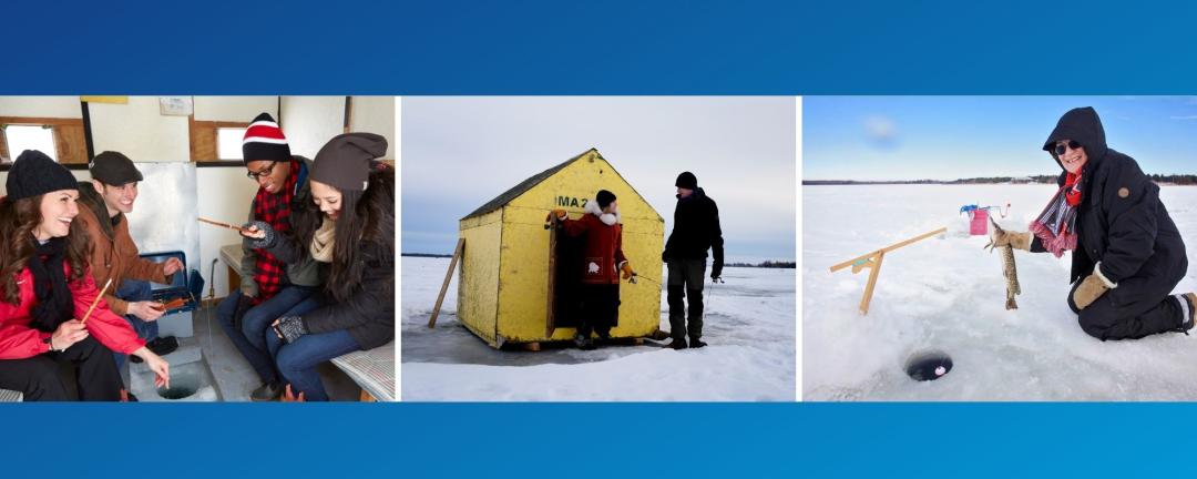 three photo side by side, people inside an ice fishing hut, people standing on a lake outside ice fishing hut and a person kneeling on the ice holding a fish