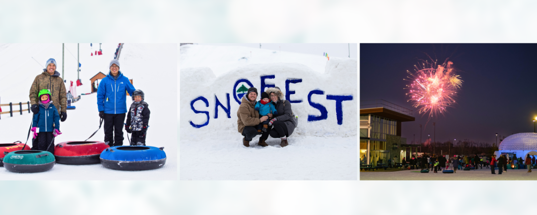 three images, side by side, people tubing at the ROC, family in front of a SnoFest sign, fireworks