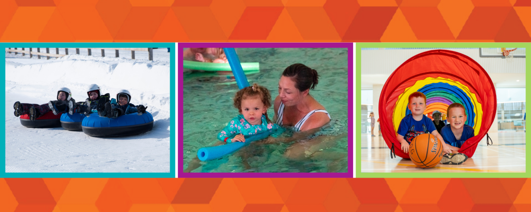 three photos side by side, kids tubing at the ROC, woman and child swimming and two young boys playing at the gym